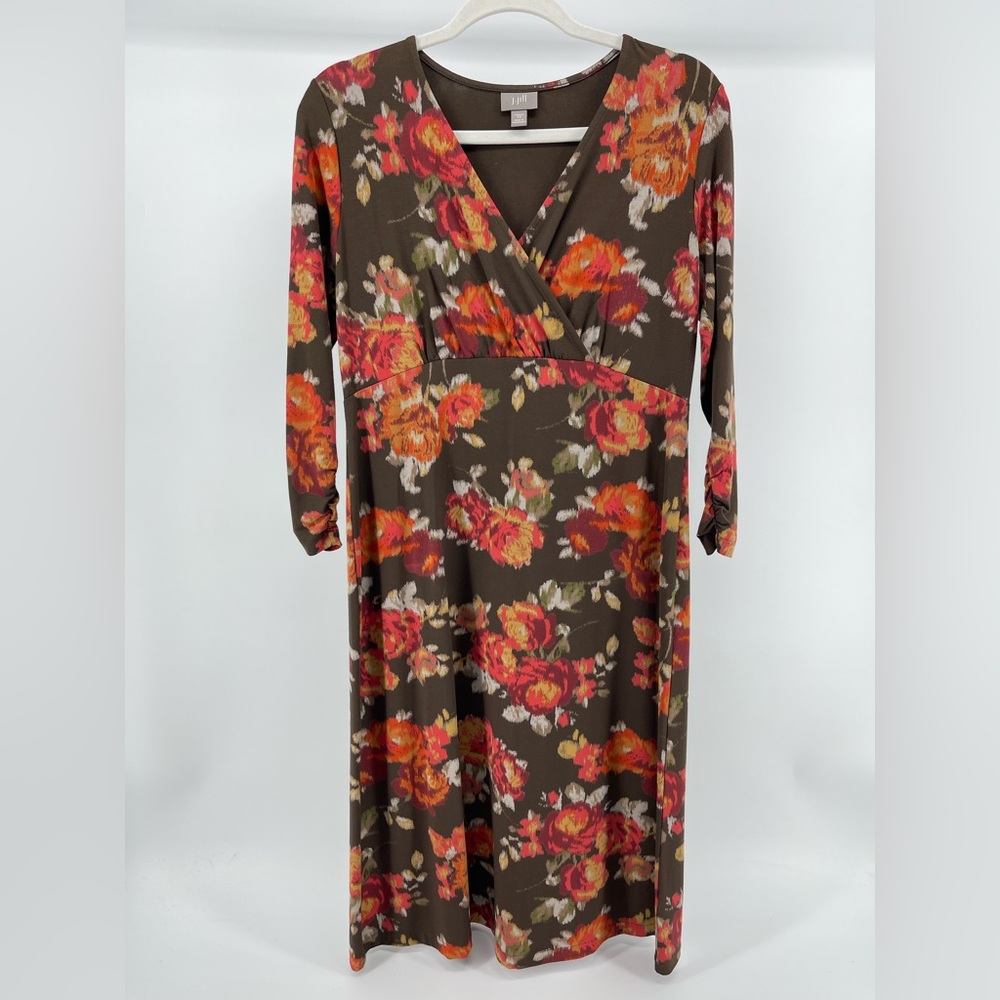 J. Jill Brown Floral Long Sleeve V-Neck Stretch Knit Dress, Women's XS